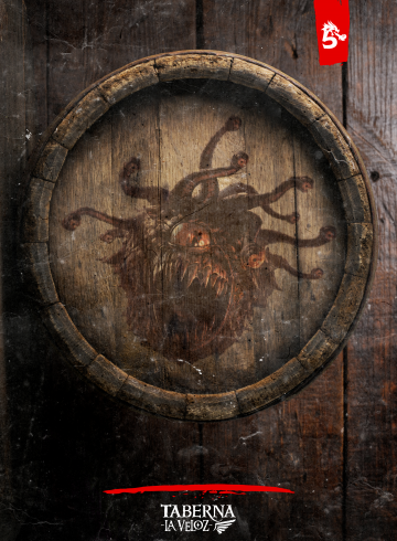 Un viejo barril sobre un suelo de madera desde una vista cenital. En el centro del barril, dibujado en la madera, se puede ver una bestia redondeada con unos tentáculos con ojos que le brotan de la cabeza, la bestia posee un solo ojo y una boca enorme con dientes afilados.
