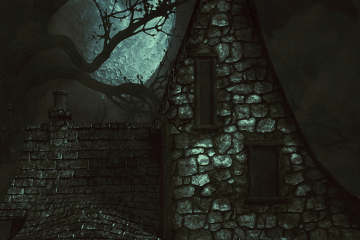 Un paisaje oscuro y tenebroso. Una casa de piedra que parece estar abandonada y una gran luna llena en el cielo detrás de ella.