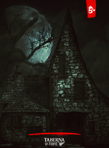 Un paisaje oscuro y tenebroso. Una casa de piedra que parece estar abandonada y una gran luna llena en el cielo detrás de ella.
