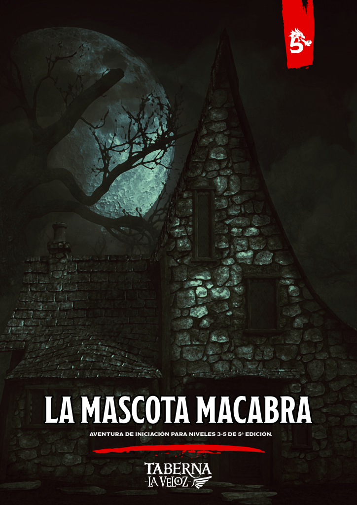 Un paisaje oscuro y tenebroso. Una casa de piedra que parece estar abandonada y una gran luna llena en el cielo detrás de ella.