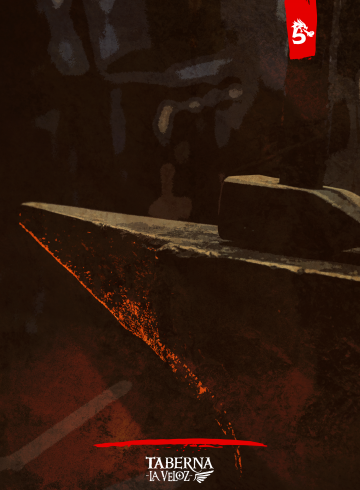 Un yunque con un martillo apoyado bocabajo en la parte superior. Un destello anaranjado, como el que podría producir un fuego cercano, hace brillar la parte inferior del yunque.