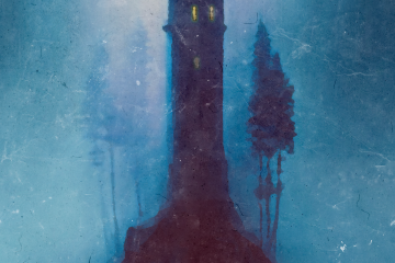 Portada de la aventura Una Desaparición Enigmática. Se puede apreciar una misteriosa torre enfrente de un bosque y una niebla azulada. En la parte superior de la torre hay una ventana con la luz encendida.