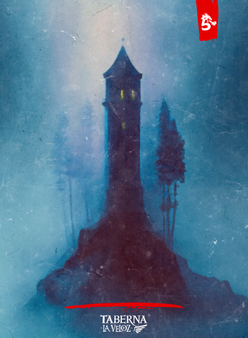 Portada de la aventura Una Desaparición Enigmática. Se puede apreciar una misteriosa torre enfrente de un bosque y una niebla azulada. En la parte superior de la torre hay una ventana con la luz encendida.